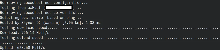 The internet speed test results from a VPS from awHost