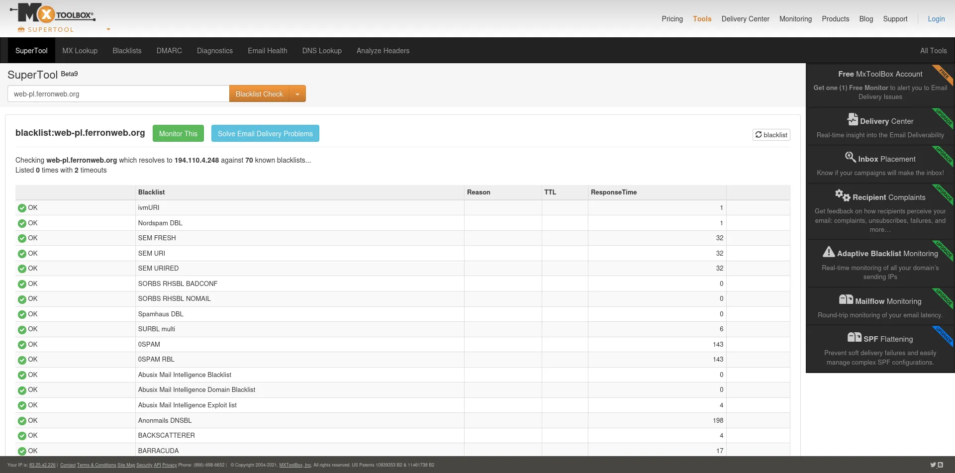One of the VPS servers from awHost (that hosts Ferron website) doesn't appear to be on the blocklist