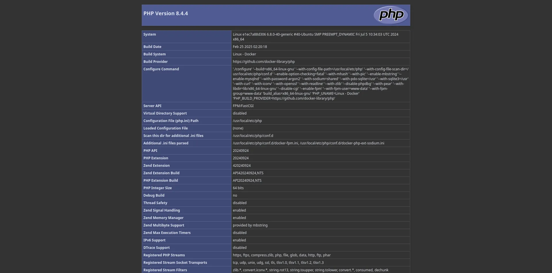 The PHP information page that serves as a test for Ferron + Docker Compose setup