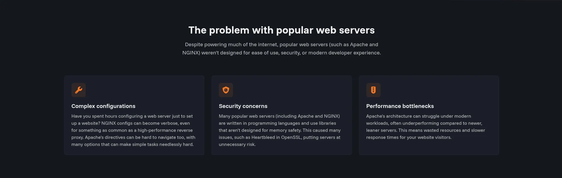 A "Problems with popular web servers" section on the Ferron 2 landing page