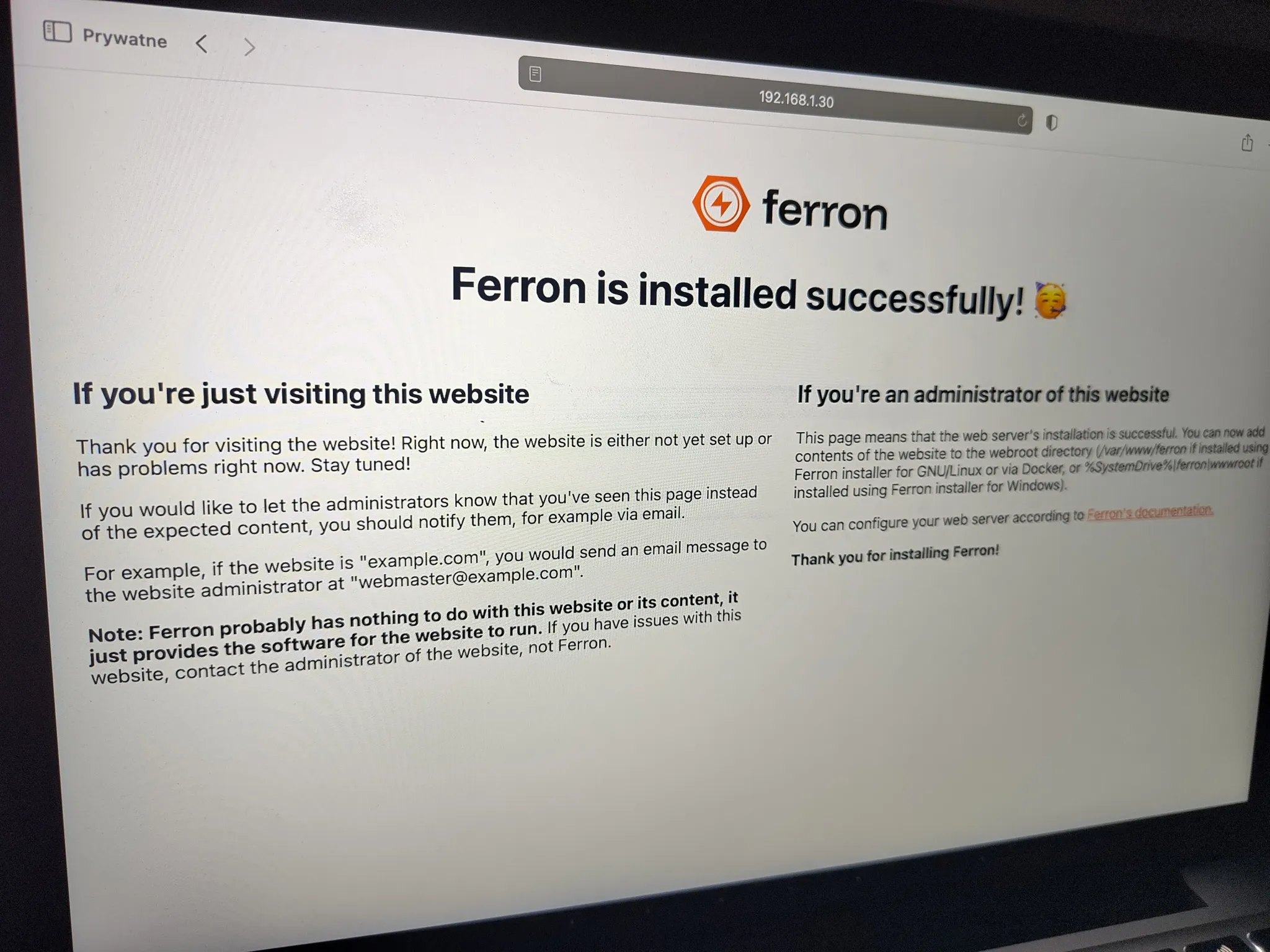 The "Ferron is installed successfully" page mockup with the new logo