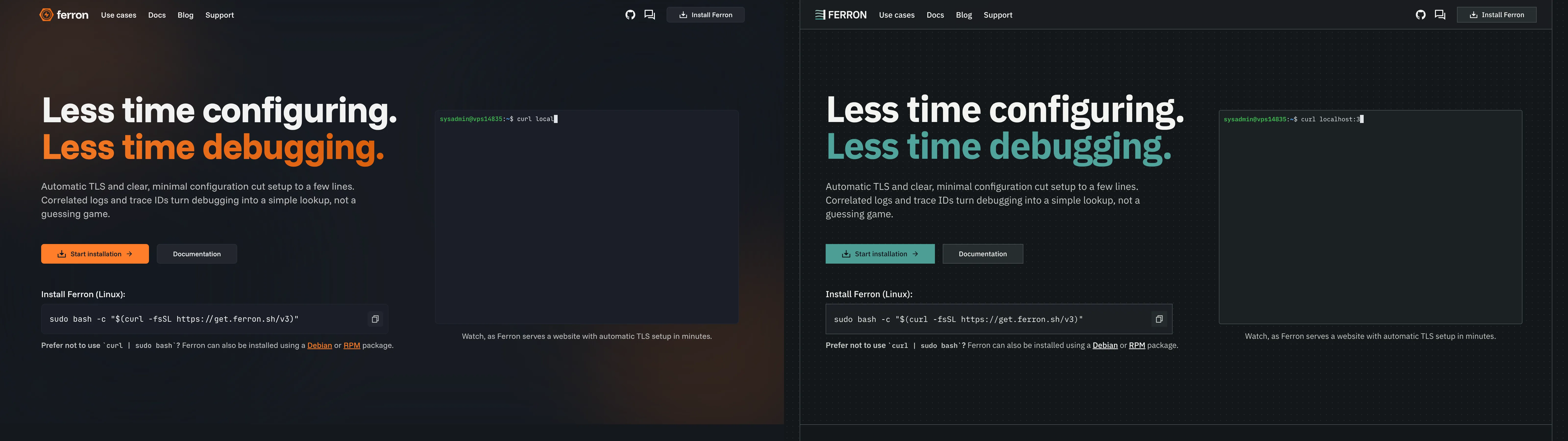 Left: draft Ferron 3 landing page with current branding. Right: the same landing page with new branding. Same headline copy; the only variable visible is the identity system.