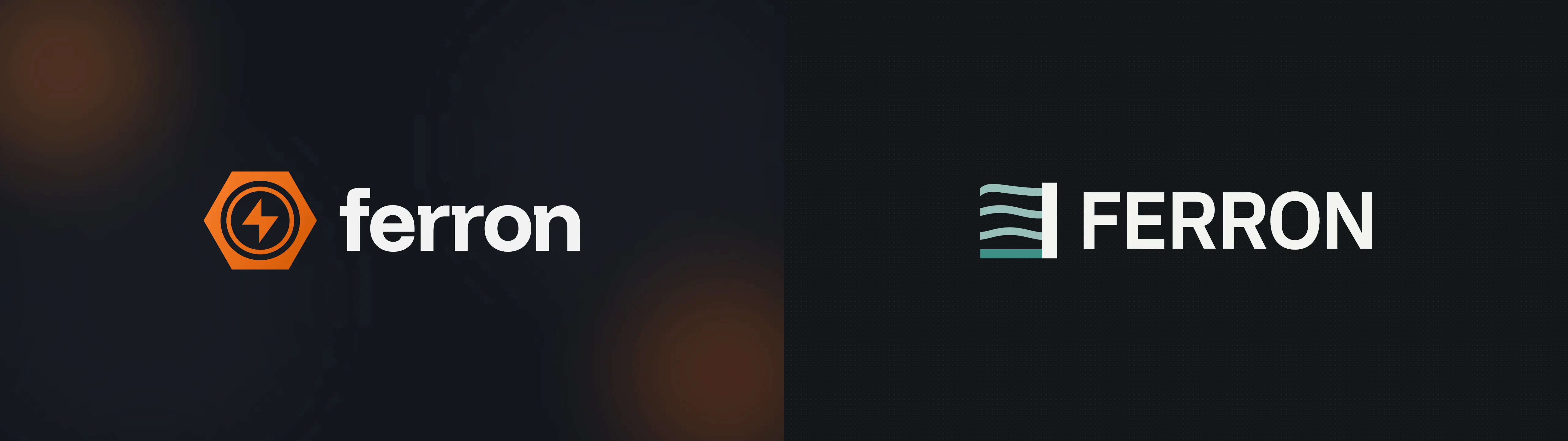 Left: old hexagon-bolt mark with lowercase "ferron". Right: new settling-thread mark with uppercase "FERRON" in IBM Plex Sans SemiBold. Dark background for both.