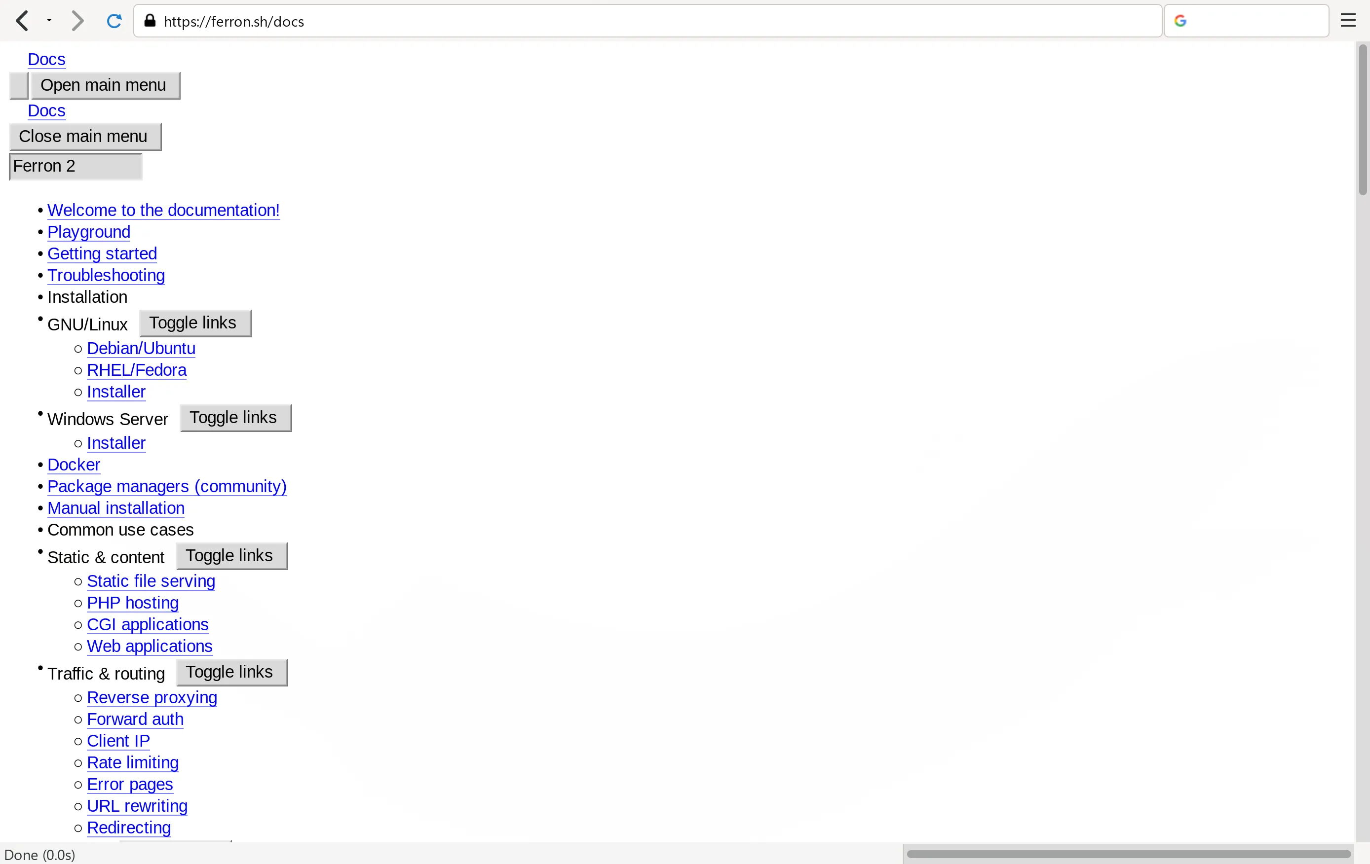 Current Ferron documentation site as seen in NetSurf. As you can see, the layout is completely broken, as if CSS was disabled.