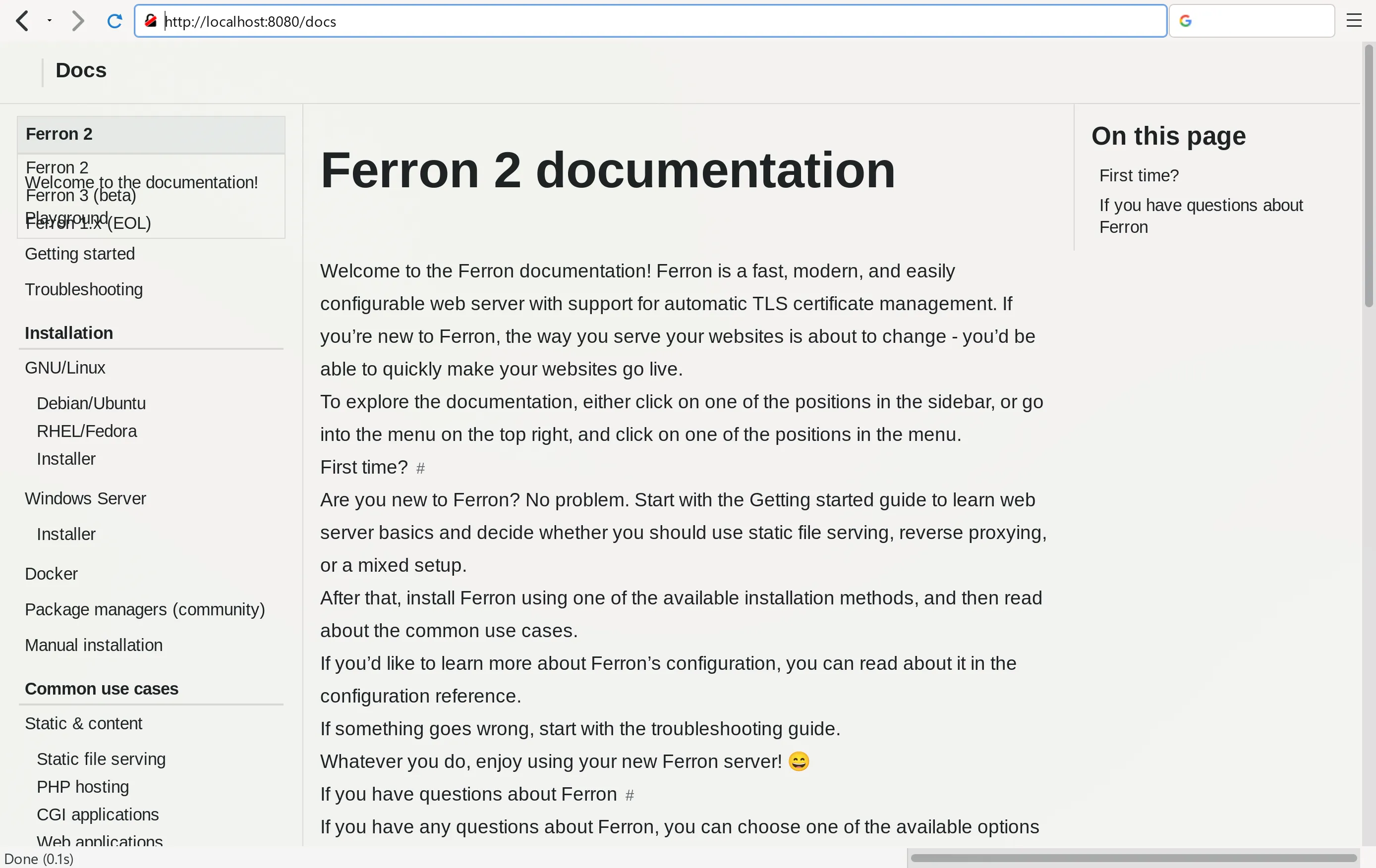 New Ferron documentation site as seen in NetSurf. The layut seems (slightly) broken, with broken typography, but at least it looks more usable than the current site