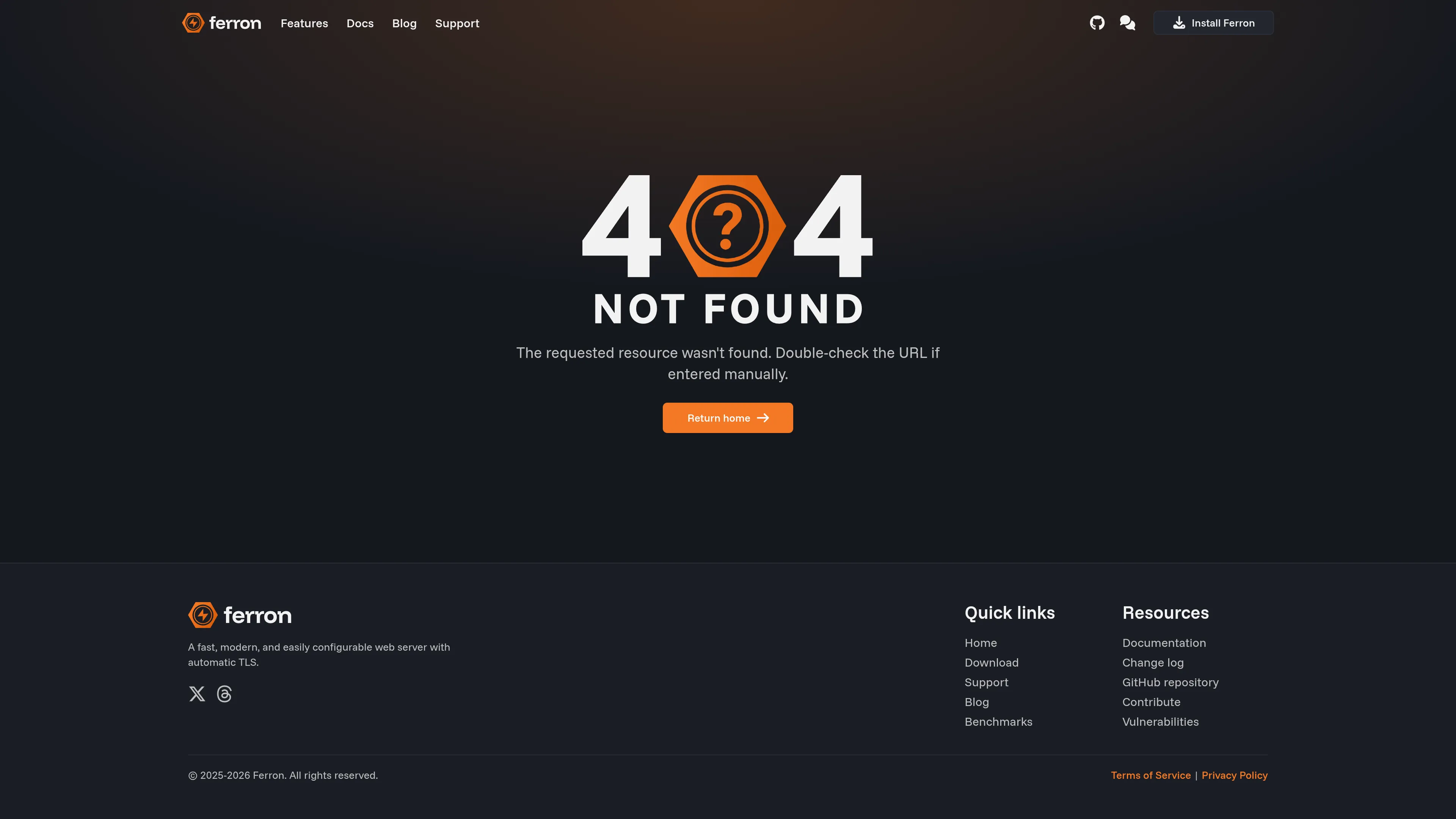 A refreshed 404 Not Found page on the Ferron website
