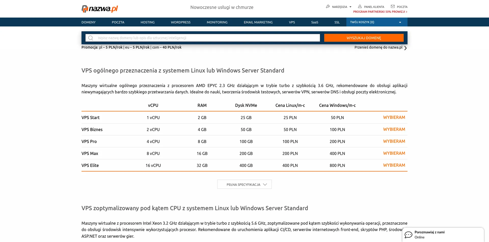 Some of the VPS plan pricing of nazwa.pl