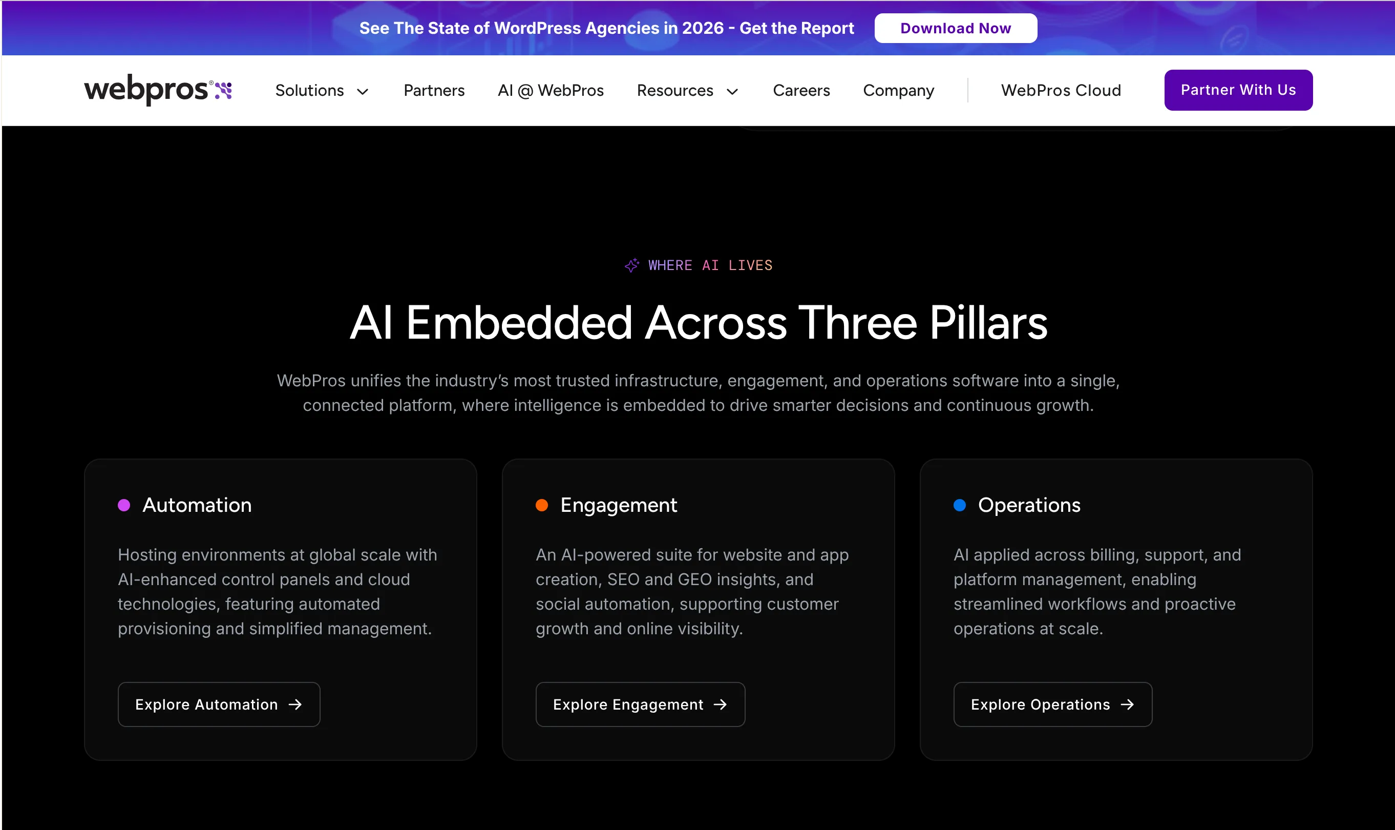 "AI embedded across three pillars" / "Where AI live" section on "AI @ WebPros" landing page