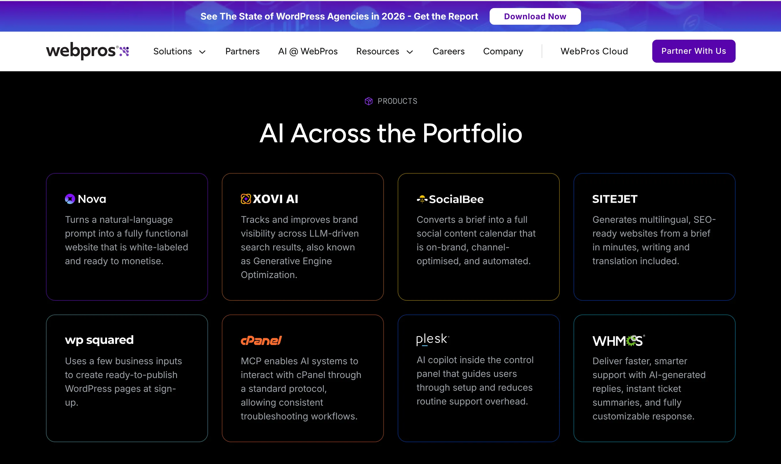 "AI across the portfolio" section on "AI @ WebPros" landing page